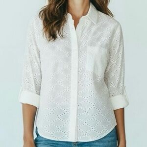 Diane Von Furstenberg Cream Eyelet Button Down Shirt